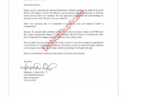 Official letter from OCME reclassifying Keith’s Death certificate